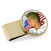 JFK Half Dollar Colorized American Flag Gold Tone Stainless Steel Money Clip
