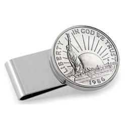Monogrammed Statue of Liberty Commemorative Half Dollar Stainless Steel Silvertone Money Clip