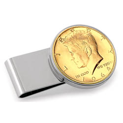 Monogrammed Gold-Layered JFK 1964 First Year of Issue Half Dollar Stainless Steel Silvertone Money Clip