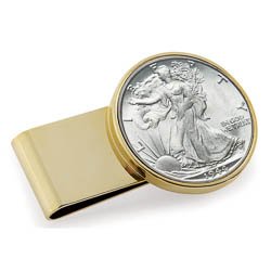 Monogrammed Silver Walking Liberty Half Dollar Stainless Steel Goldtone Money Clip
