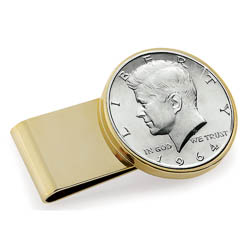 Monogrammed JFK 1964 First Year of Issue Half Dollar Stainless Steel Goldtone Money Clip