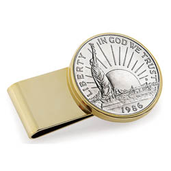 Monogrammed Statue of Liberty Commemorative Half Dollar Stainless Steel Goldtone Money Clip