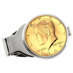Monogrammed Gold-Layered JFK 1964 First Year of Issue Half Dollar Silvertone Money Clip