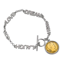 Gold-Layered Silver Barber Dime Inspirational Dream Wish Love Laugh Joy Coin Bracelet