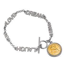 Gold-Layered Seated Liberty Silver Dime Inspirational Dream Wish Love Laugh Joy Coin Bracelet