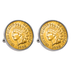 Gold-Layered 1800's Indian Penny Silvertone Bezel Cuff Links