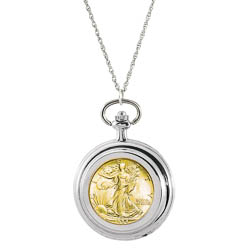 Gold-Layered Silver Walking Liberty Half Dollar Pocket Watch Pendant Necklace