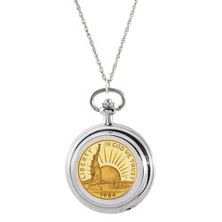 Gold-Layered Statue of Liberty Commemorative Half Dollar Pocket Watch Pendant Necklace