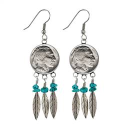 Sterling Silver Buffalo Nickel Feather Coin Earrings With Turquoise Beads