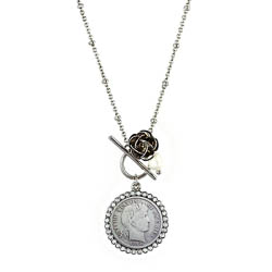 Silver Barber Dime and Rose Silvertone Toggle Pendant