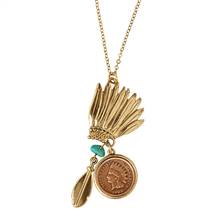 Indian Head Penny Headdress Charm Coin Necklace With Turquoise Stone