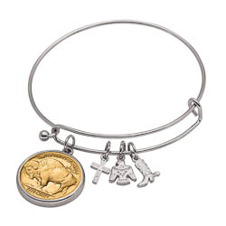 Western Charm Silver Tone Gold Layered Buffalo Nickel Reverse Coin Bangle Bracelet