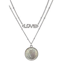 Irish Three Pence Harp Coin Double Strand Love Necklace