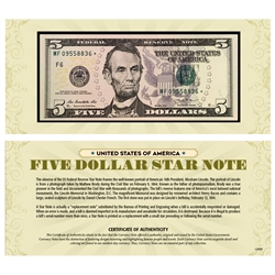 Five Dollar Star Note Protective Holder United States Genuine Currency