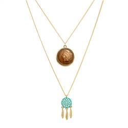 Indian Head Penny Coin Mini Dream Catcher Double Chain Pendant Necklace