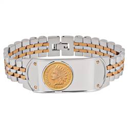 Men's Two-Tone Stainless Steel Bracelet with Gold Layered 1800's Indian Head Penny Coin