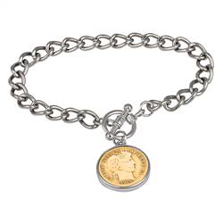 24KT Gold Plated Silver Barber Dime Silvertone Coin Toggle Bracelet