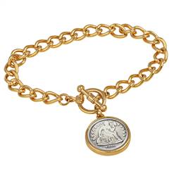 Silver Seated Liberty Dime Goldtone Coin Toggle Bracelet