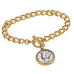 Silver Mercury Dime Goldtone Coin Toggle Bracelet