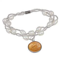 Hummingbird One Cent Freshwater Pearl Magnetic Closure Coin Bracelet