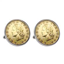 Italian Republic Coin Silvertone Bezel Cuff Links