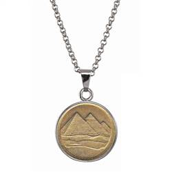 Egyptian Pyramid Coin 1 Piastre Coin Pendant with 18 Inch Silvertone Chain