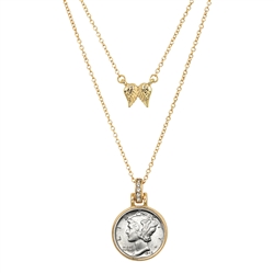 Mercury Dime Goldtone Pendant With Double Chain With Angel Wings
