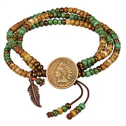 Indian Cent Coin Leather Multi Strand Czech Bead Bracelet