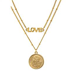 French 5 Centimes Coin Goldtone Double Strand Love Necklace