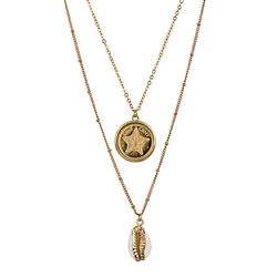 Gold Plated Starfish Coin Gold Trimmed Cowrie Shell Double Chain Necklace