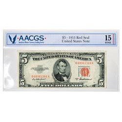 Series 1953 $5 Red Seal United States Note Graded Fine 15 by AACGS