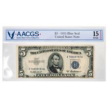 Series 1953 $5 Blue Seal Silver Certificate Graded Fine 15 by AACGS