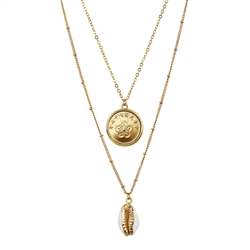 Gold Plated Chinese Orchid Coin With Gold Trimmed Cowrie Shell Double Chain Necklace