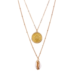 Sun Coin With Gold Plated Cowrie Shell Double Chain Necklace