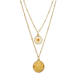 3 Lions Coin With Dry Flower Double Chain Necklace