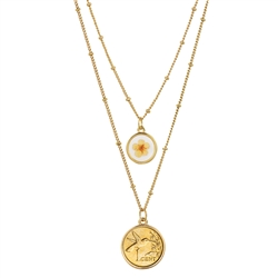 Gold Plated Hummingbird Coin With Dry Flower Double Chain Necklace