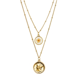 Gold Plated Mercury Dime Coin With Dry Flower Double Chain Necklace