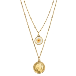 Gold Plated Barber Dime Coin With Dry Flower Double Chain Necklace