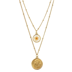 French Coin With Dry Flower Double Chain Necklace