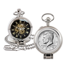 JFK Half Dollar Coin Pocket Watch with Skeleton Movement - Black Dial with Gold Roman Numerals