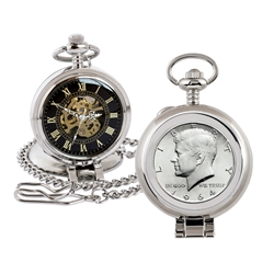 JFK 1964 First Year of Issue Half Dollar Coin Pocket Watch with Skeleton Movement - Black Dial with Gold Roman Numerals
