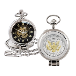 Selectively Gold-Layered Presidential Seal JFK Half Dollar Coin Pocket Watch with Skeleton Movement - Black Dial with Gold Roman Numerals