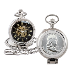 Silver Franklin Half Dollar Coin Pocket Watch with Skeleton Movement - Black Dial with Gold Roman Numerals