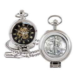 Silver Walking Liberty Half Dollar Coin Pocket Watch with Skeleton Movement - Black Dial with Gold Roman Numerals