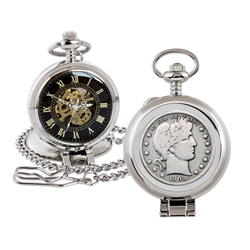 Silver Barber Half Dollar Coin Pocket Watch with Skeleton Movement - Black Dial with Gold Roman Numerals
