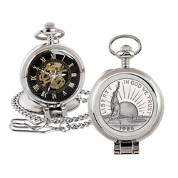 Statue of Liberty Commemorative Half Dollar Coin Pocket Watch with Skeleton Movement - Black Dial with Gold Roman Numerals