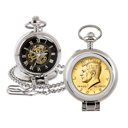 Gold-Layered JFK Half Dollar Coin Pocket Watch with Skeleton Movement - Black Dial with Gold Roman Numerals