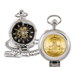 Gold-Layered JFK Bicentennial Half Dollar Coin Pocket Watch with Skeleton Movement - Black Dial with Gold Roman Numerals
