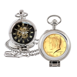 Gold-Layered JFK 1964 First Year of Issue Half Dollar Coin Pocket Watch with Skeleton Movement - Black Dial with Gold Roman Numerals