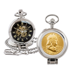 Gold-Layered Silver Franklin Half Dollar Coin Pocket Watch with Skeleton Movement - Black Dial with Gold Roman Numerals